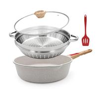Bobikuke Poêle à frire 28 cm, lot de 4 poêles antiadhésive -blanc | avec poignée amovible，poêle avec couvercle, panier vapeur/panier passoire, spatule en silicone，va au four