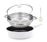 Bobikuke Poêle à frire 28 cm, lot de 4 poêles antiadhésive -blanc-noir | avec poignée amovible，poêle avec couvercle, panier vapeur/panier passoire, spatule en silicone，va au four