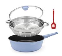 Bobikuke Poêle à frire 28 cm, lot de 4 poêles antiadhésive -bleu | avec poignée amovible，poêle avec couvercle, panier vapeur/panier passoire, spatule en silicone，va au four
