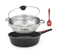 Bobikuke Poêle à frire 28 cm, lot de 4 poêles antiadhésive -noir | avec poignée amovible，poêle avec couvercle, panier vapeur/panier passoire, spatule en silicone，va au four