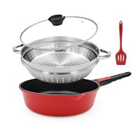 Bobikuke Poêle à frire 28 cm, lot de 4 poêles antiadhésive -rouge-noir | avec poignée amovible，poêle avec couvercle, panier vapeur/panier passoire, spatule en silicone，va au four