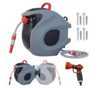 Bobine automatique pour tuyau d'arrosage - Fixation murale - Tuyau de 30 mètres - Arroseur réglable en 9 positions - Surface couverte de 131 m² - Résistant à la rouille - Gris clair