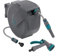 Bobine de tuyau d'arrosage - Support de tuyau - Enroulement automatique - Pivotement à 180 degrés - 15 mètres de tuyau - Gris