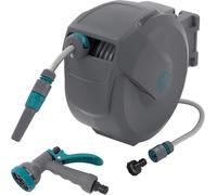 Bobine de tuyau d'arrosage - Support de tuyau - Enroulement automatique - Pivotement à 180 degrés - 15 mètres de tuyau - Gris