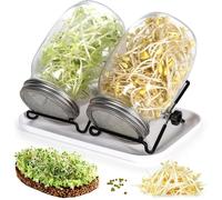 Bocal de Germination, 2 x 1000ml Germoir en Verre Bocal à Germes avec 2 Couvercle à Grille en Acier Inoxydable, 2 Support, 1