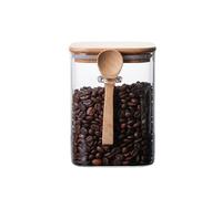 Bocal de rangement carré en verre transparent avec couvercle en bois et cuillère de cuisine - 1000 ml