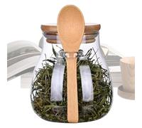Bocal en verre avec cuillère en bois, récipient en verre transparent avec couvercle en bois, assaisonnements, sel, ustensiles de cuisine, récipient à sucre pour grains de café, thé, noix, banc