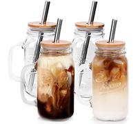 Bocal Mason avec couvercle et paille - 710 ml - Bocaux Mason avec poignée - Réutilisables - Pour café glacé, margaritas, jus, cocktail, voyage, bureau, maison