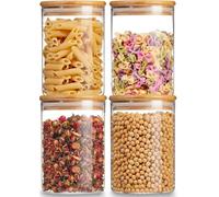 Bocaux en Verre Hermetique avec Couvercle, Lot de 4 750ml Boîtes de Rangement en verre transparent avec couvercles, Bocal en Verre et Bambou pour biscuits, pâtes, farine, riz, thé