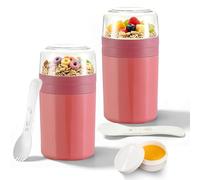 Bocguy Lot de 2 gobelets à céréales à emporter - 770 ml - En polypropylène - Design à 3 couches - Avec cuillère et boîte à sauce - Pour céréales, yaourt, porridge, soupes (rouge clair)