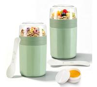 Bocguy Lot de 2 gobelets à céréales à emporter - 770 ml - En polypropylène - Design à 3 couches - Avec cuillère et boîte à sauce - Pour céréales, yaourt, porridge, soupes (vert)