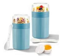 Bocguy Lot de 2 gobelets à céréales à emporter - 770 ml - En polypropylène - Design à 3 couches - Avec cuillère et boîte à sauce - Pour céréales, yaourt, porridge, soupes - Bleu