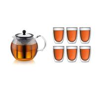 Bodum - 1802-16 - Assam - Théière à Piston en verre - Filtre et Couvercle inox - 1.5 L & 4559-10-12 - Pavina - Coffret de 6 Verres Double Paroi - 36 cl, Transparent, 6 Unité