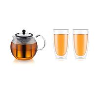 Bodum - 1802-16 - Assam - Théière à Piston en verre - Filtre et Couvercle inox - 1.5 L & (4560-10) Lot de 2 Verres à double paroi, Transparent, 45 cl