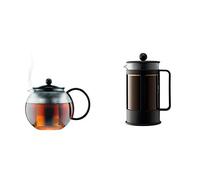 Bodum - 1805-01 - Assam - Théière à Piston en verre - Filtre inox - 1.0 L - Noir & 1788-01 - Kenya - Cafetière à Piston - 8 Tasses - 1 L - Noir