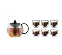 Bodum - 1805-01 - Assam - Théière à Piston en verre - Filtre inox - 1.0 L - Noir & 4557-10-12 - Pavina - Coffret de 6 Verres Double Paroi - 0.08 l