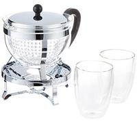 Bodum - K11143-16-1 - CHAMBORD Set - Théière - 1.3 l - Filtre Plastique - réchaud INOX + 2 Verres Double paroi PAVINA - 0.35 l