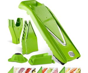 Börner V5 PowerLine Mandoline - Kit Pro - Station de rangement - Vert | Avec 3 inserts & poussoir & boîte - 10 types de coupe - Bâtonnets & dés en 4 tailles - Sans BPA - Fabriqué en Allemagne