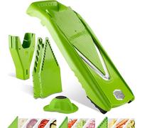 Börner V5 PowerLine Mandoline - Kit Starter - Avec 3 inserts - Vert | Avec poussoir & boîte de rangement - 4 épaisseurs - Bâtonnets & dés en 4 tailles - Lames inox - Fabriqué en Allemagne