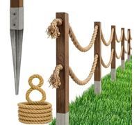 Bogateco Clôture double à corde en bois 8 m | Kit de barrière complet avec corde en jute 30 mm et poteaux en bois | Bois imprégné incl. manchons d'enfoncement pour sol | Marron foncé
