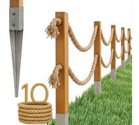 Bogateco Clôture en bois à double corde 10 m | Kit de barrière complet avec corde en jute de 30 mm et poteaux en bois | Bois imprégné incl. manchons d'enfoncement pour sol | Marron clair