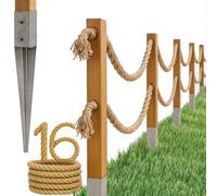 Bogateco Clôture en bois à double corde 16 m | Kit de barrière complet avec corde en jute de 30 mm et poteaux en bois | Bois imprégné incl. manchons d'enfoncement pour sol | Marron clair