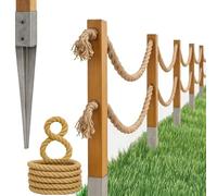 Bogateco Clôture en bois à double corde 8 m | Kit de barrière complet avec corde en jute de 30 mm et poteaux en bois | Bois imprégné incl. manchons d'enfoncement pour sol | Marron clair