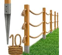 Bogateco Clôture en bois double - 10 m x 120 cm - 3 cordes - Kit complet de barrière avec corde en jute de 30 mm et poteaux en bois - Bois imprégné avec manchons de frappe pour sol - Marron clair