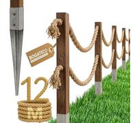 Bogateco Clôture en bois double - 12 m - Kit complet de barrière avec corde de jute de 30 mm et poteaux en bois - Bois imprégné avec douilles à enfoncer pour le sol - Marron foncé