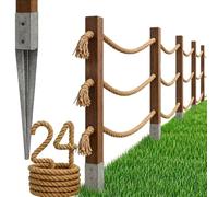 Bogateco Clôture en bois double - 24 m x 120 cm - 3 cordes - Kit complet de barrière avec corde en jute de 30 mm et poteaux en bois - Bois imprégné avec manchons de frappe pour sol - Marron foncé