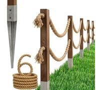 Bogateco Clôture en bois - Double clôture à corde de 6 m - Kit complet avec corde de jute de 30 mm et poteaux en bois - Bois imprégné avec douilles à enfoncer pour le sol - Marron foncé