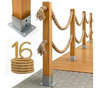 Bogateco Clôture en bois double de 16 m - Kit complet de barrière avec 2 cordes de jute de 30 mm et poteaux en bois - Bois imprégné avec ancrages au sol à visser - Marron clair