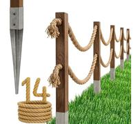 Bogateco Panneau de clôture en bois double-corde 14m | Ensemble complet de barrière avec corde de jute 30mm & poteaux en bois | Bois imprégné incluant des douilles pour sol | Brun foncé