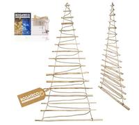 BOGATECO Sapin de Noël fait à la main - 205 cm de haut - En bois de noisetier - Pendentif décoratif - Avec lumières LED de 10 m - Plaques de bois reliées à une corde en jute d'une épaisseur de 6 mm