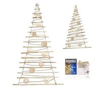 BOGATECO Sapin de Noël fait à la main Hauteur 205 cm avec décorations en bois de noisette, pendentif décoratif avec lumières LED de 10 m, panneaux en bois reliés à une corde de jute avec un