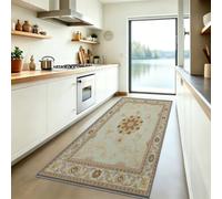 Bohème Géométrique Tapis de Couloir Lavable en Machine, Floral Cadre Tapis Poil Ras, Marron Clair Moquette Antidérapant Doux pour Entrée Cuisine Chambre Salon, 80x200 cm