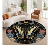 Bohème Vintage Grand Tapis Rond à Motif Papillons Fleurs Lune Étoiles pour Salon Chambre à Coucher Salle de Bain Couloir décoration d'intérieur, Lavable en Machine Pile Courte et Douce, Noir, 100 cm