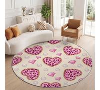 Bohème Vintage Tapis Salon 200 cm Léopard Cœur Diamant Perle Rose Beige Rond Lavable en Machine | Chambre Rugs, Descente de Lit Carpets, AntidéRapant, Chambre Carpet, Doux Poil Ras