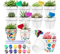 Bohoary 12 Pcs Mini Pots de Fleurs Plastique Blanche, Pots Fleurs à Peindre | Petit Pot de Fleur avec Pinceaux Peintures Et Étiquettes Plantes pour Pot de Rempotage, Culture de Petites Plantes