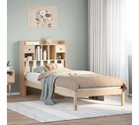 Bois de pin massif sommier à lattes rangement intégré Brun 90x200 cm | Lit bibliothèque 90x200 cm sans matelas en pin massif avec sommier à lattes, tête de lit rangement et 2 tiroirs, cadre bois