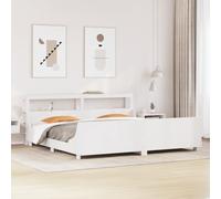 Bois massif de pin avec sommier à lattes étagères rustique 180x200 cm blanc | Cadre de lit sans matelas blanc 180x200 cm bois massif de pin avec tête de lit et rangement étagères, sommier à lattes
