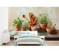Bois - Mur de photos - Herbes aromatiques - Bois - Largeur 450 cm x Hauteur 300 cm