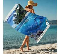 boiszeda Serviette de Plage pour Femme avec Pompon Motif Tortues mer séchage Rapide Microfibre légère Grande Serviette étoile de mer pour transat baignade Surf