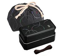 Boîte à bento japonaise Boîte à déjeuner Vagues "Waon" Noir, 320 + 400 ml, avec baguettes et sac de transport par OSK PW-6 + KB-1