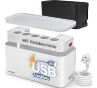 Boîte à câbles avec multiprise USB - 5 prises, USB-A, 33 x 14 x 14 cm, 2500 Watt - Pour cacher les câbles, Cable Organizer, boîte de gestion des câbles, boîte à câbles blanche - ACROPAQ