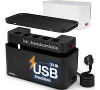 Boîte à câbles avec multiprise USB - 5 prises, USB-A, 33 x 14 x 14 cm, 2500 Watt - Pour cacher les câbles, Cable Organizer, boîte de gestion des câbles, boîte à câbles noire - ACROPAQ