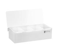 Royal Catering Boite À Condiments Et À Épices Bac RCCBP 4 (Acier inoxydable, 4 bacs, Contenance de chaque bac : 450 ml, Couvercle en polypropylène, 31 x 15 x 8,8 cm)