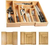 Boîte à couverts - Rangement à couverts en bambou extensible - 6 à 8 compartiments - Largeur réglable de 32 à 52 cm - 43 x 5 cm