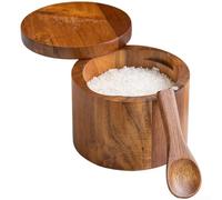 Boîte à épices en bois d'acacia avec couvercle rotatif et compartiment à cuillère, salière anti-fuite pour cuisine, verre de stockage résistant à l'humidité pour épices et produits secs, 7 x 9 cm ou