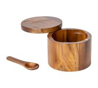 Boîte à épices en bois d'acacia avec cuillère, salière ronde avec couvercle rotatif, rangement de cuisine compact pour herbes, assaisonnements, café et plus encore (8,9 x 7,1 cm)